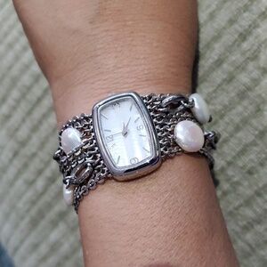J Jill Silver Tone and White Coin Pearl Multi Chain Bracelet Watch Chunky Classy